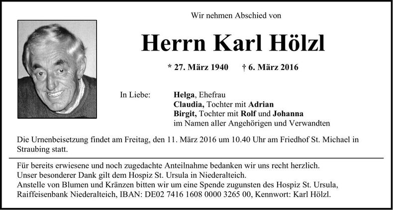 Traueranzeige Karl Hölzl