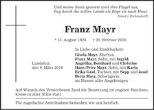 Traueranzeige Franz Mayr
