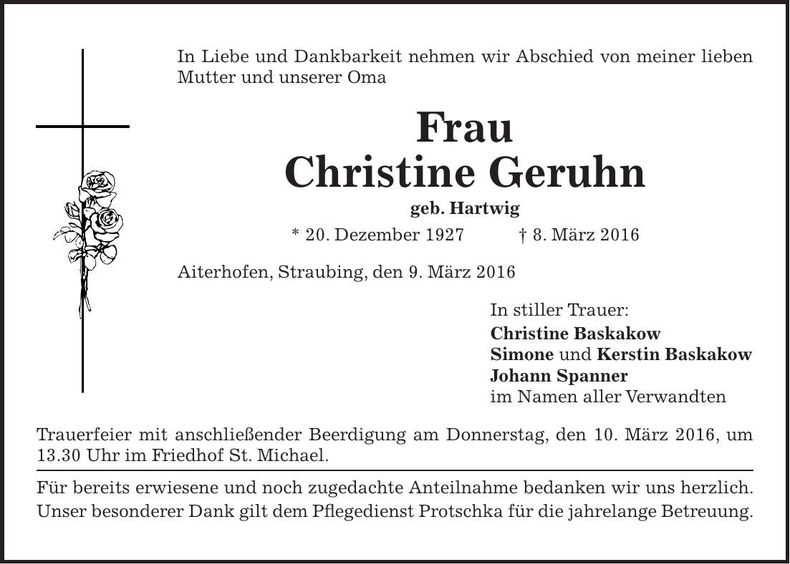 Traueranzeige Christine Geruhn