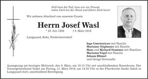 Traueranzeige Josef Wasl