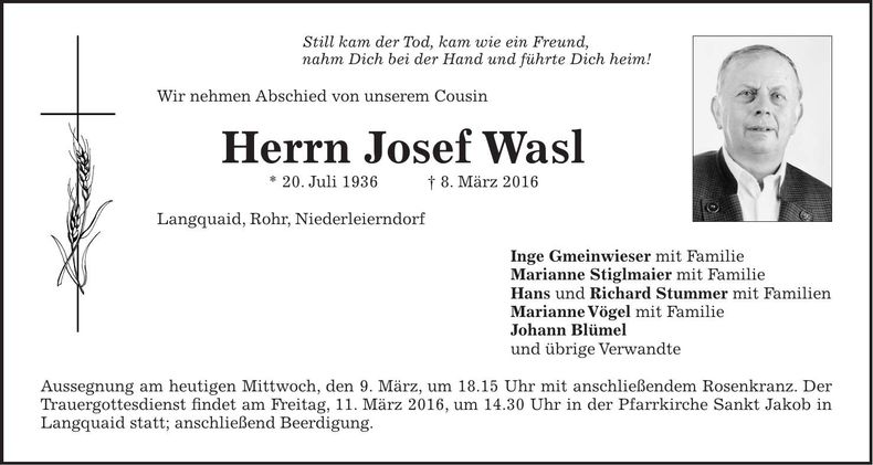 Traueranzeige Josef Wasl