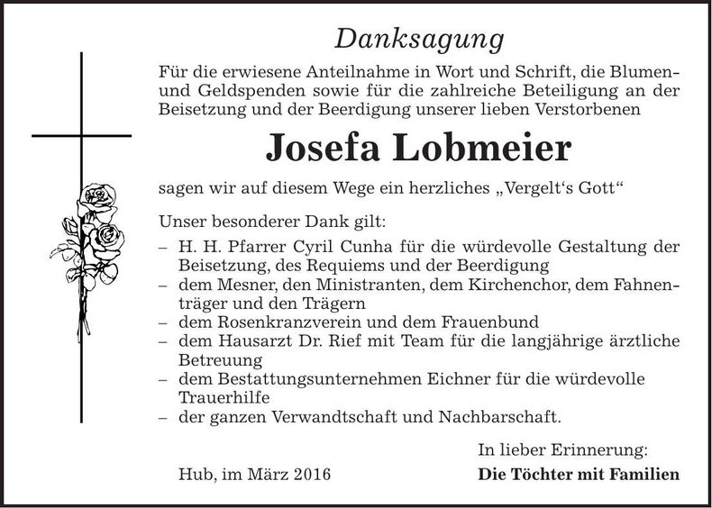Traueranzeige Josefa Lobmeier