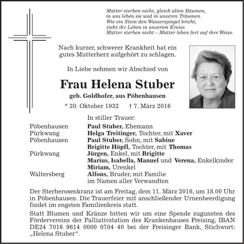 Traueranzeige Helena Stuber