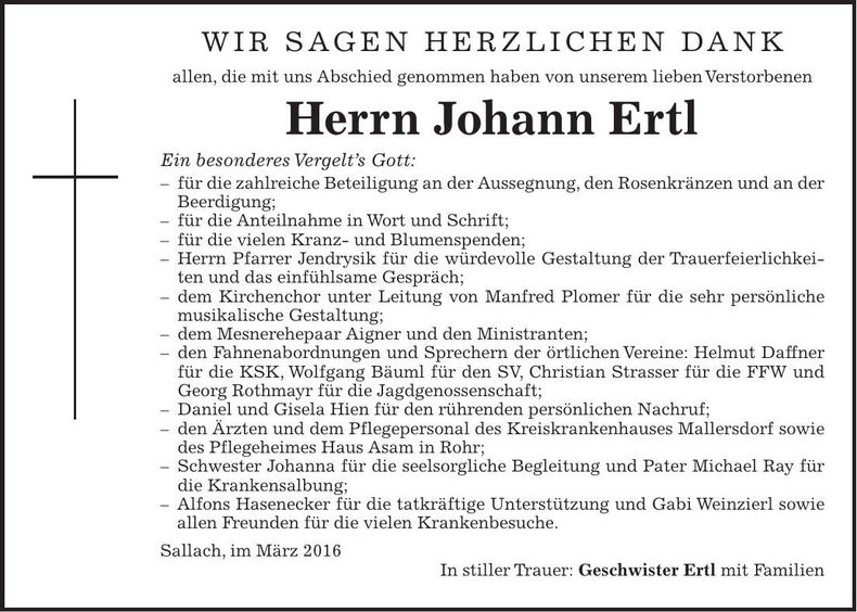 Traueranzeige Johann Ertl