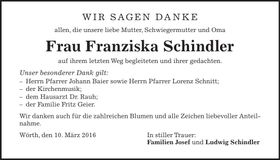 Traueranzeige Franziska Schindler