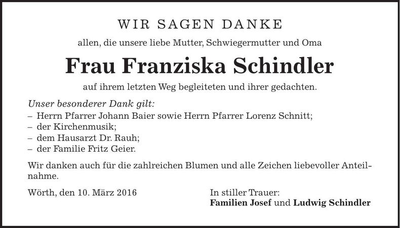 Traueranzeige Franziska Schindler