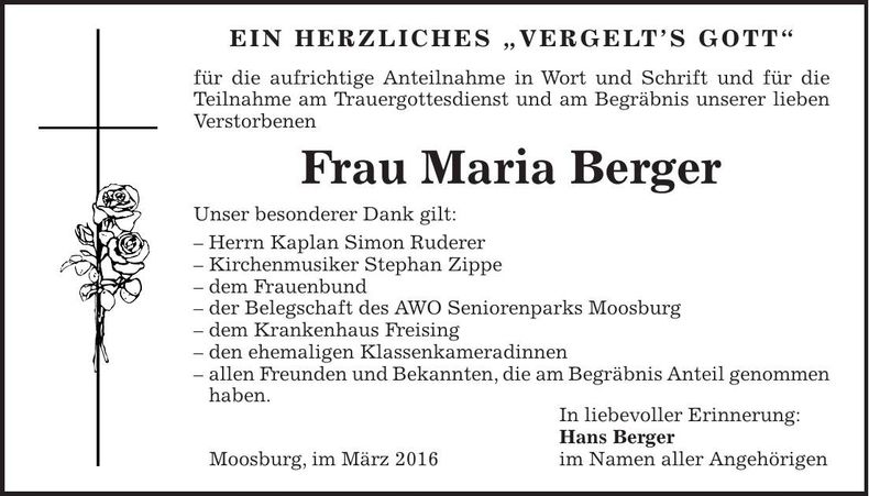 Traueranzeige Maria Berger
