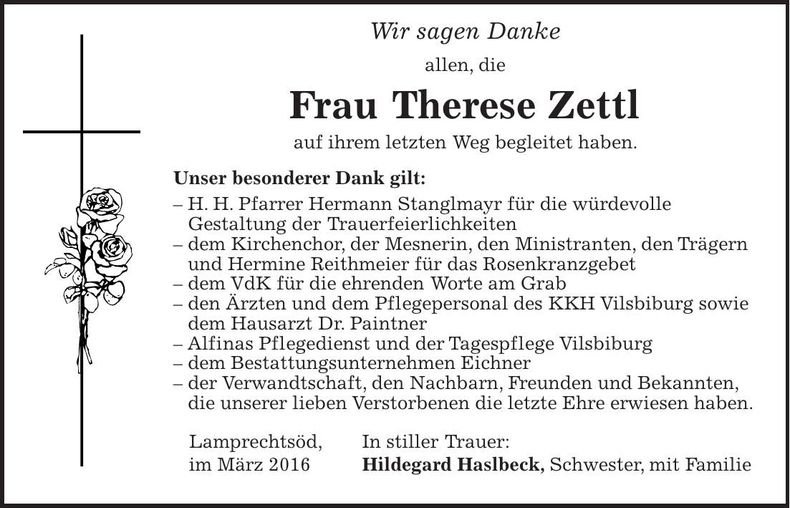 Traueranzeige Therese Zettl