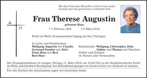 Traueranzeige Therese Augustin