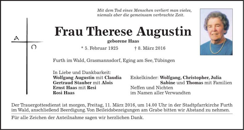 Traueranzeige Therese Augustin
