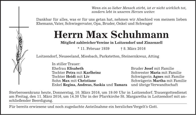Traueranzeige Max Schuhmann