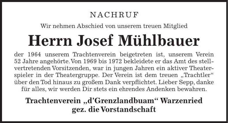 Traueranzeige Josef Mühlbauer