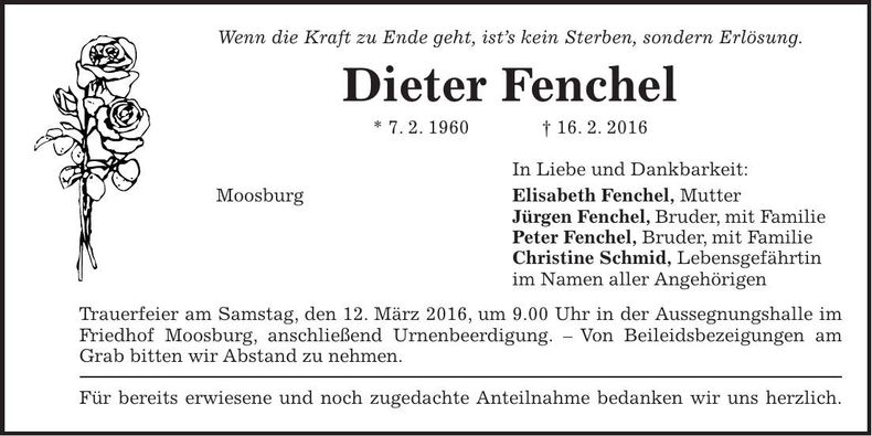 Traueranzeige Dieter Fenchel