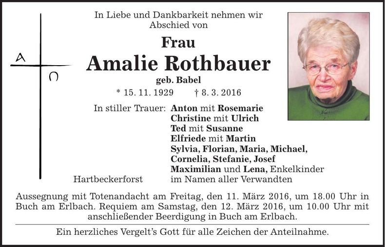Traueranzeige Amalie Rothbauer
