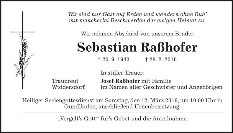 Traueranzeige Sebastian Raßhofer