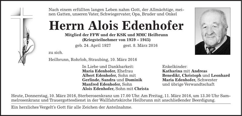 Traueranzeige Alois Edenhofer
