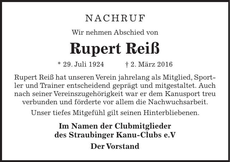 Traueranzeige Rupert Reiß