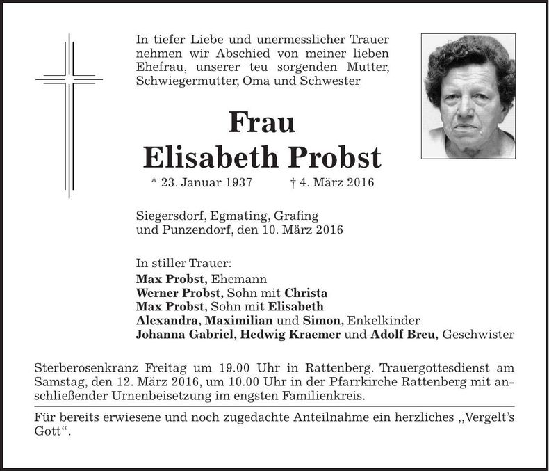 Traueranzeige Elisabeth Probst
