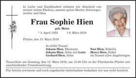 Traueranzeige Sophie Hien