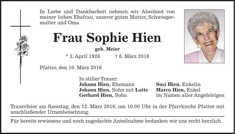 Traueranzeige Sophie Hien