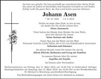 Traueranzeige Johann Asen