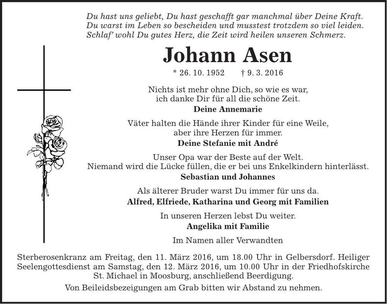 Traueranzeige Johann Asen