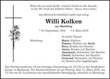 Traueranzeige Willi Kolken