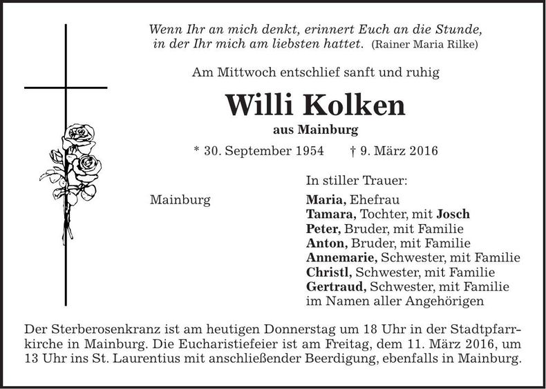 Traueranzeige Willi Kolken