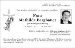 Traueranzeige Mathilde Bergbauer