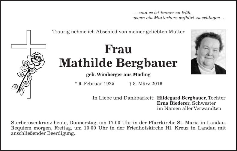 Traueranzeige Mathilde Bergbauer