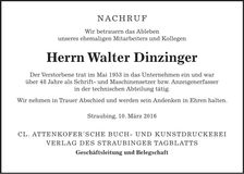 Traueranzeige Walter Dinzinger