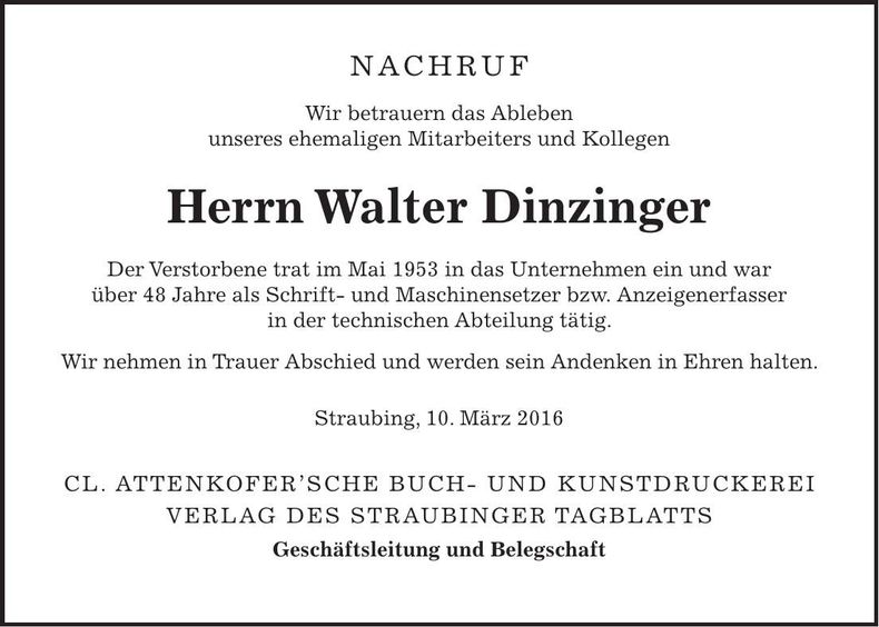 Traueranzeige Walter Dinzinger