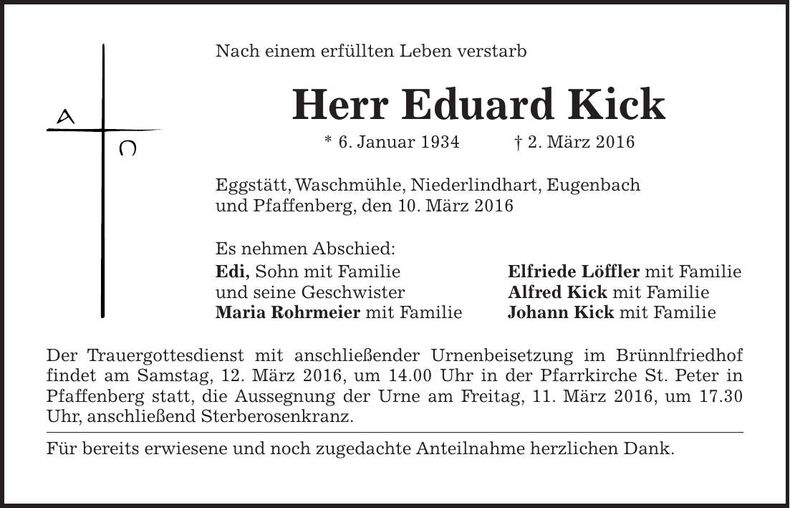 Traueranzeige Eduard Kick