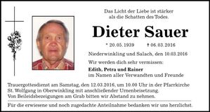 Traueranzeige Dieter Sauer