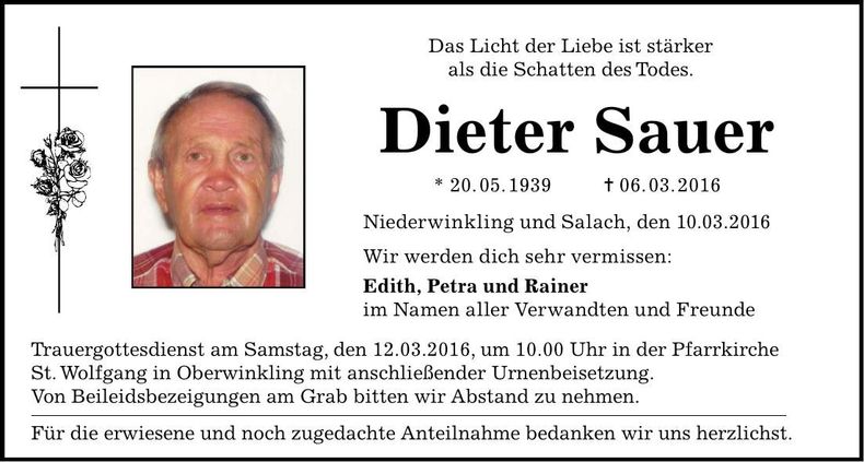 Traueranzeige Dieter Sauer