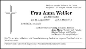 Traueranzeige Anna Weißer