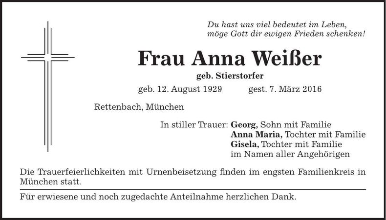 Traueranzeige Anna Weißer