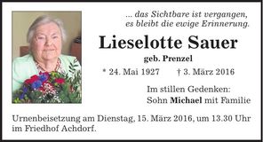 Traueranzeige Lieselotte Sauer