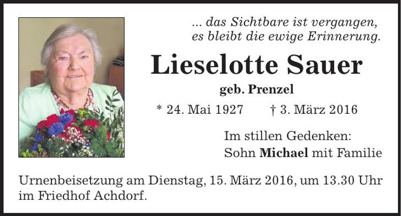 Traueranzeige Lieselotte Sauer