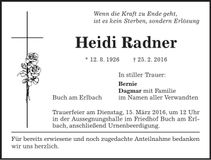 Traueranzeige Heidi Radner
