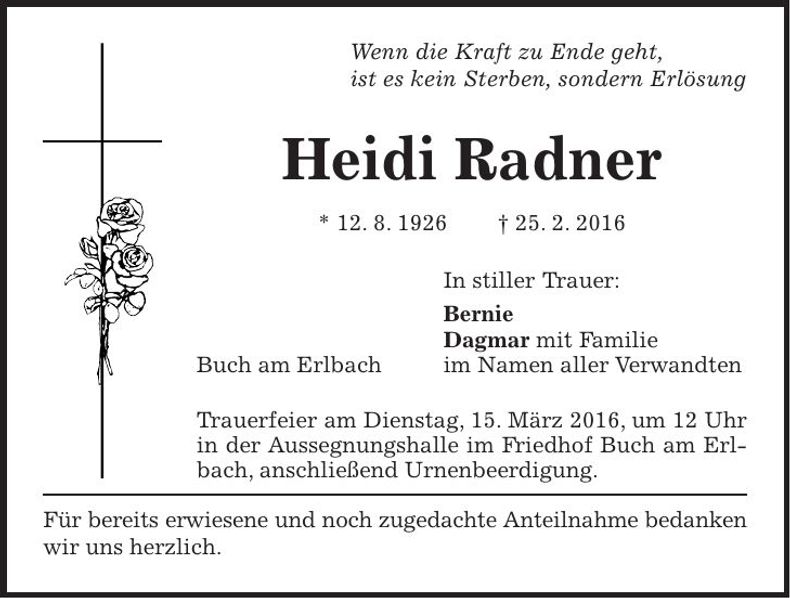 Traueranzeige Heidi Radner