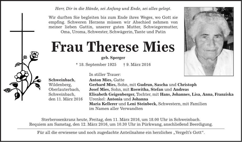 Traueranzeige Therese Mies