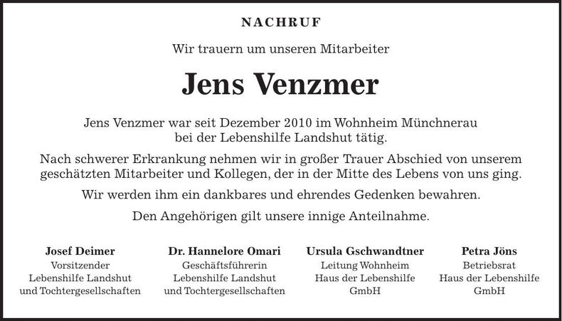 Traueranzeige Jens Venzmer
