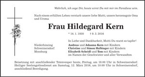 Traueranzeige Hildegard Kern
