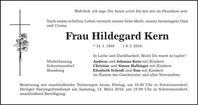 Traueranzeige Hildegard Kern