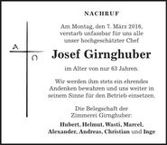 Traueranzeige Josef Girnghuber