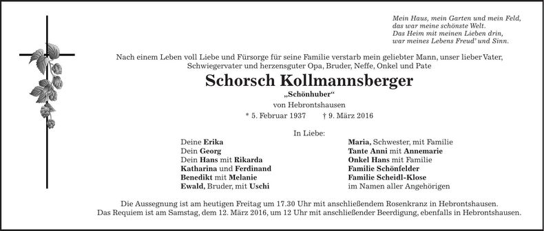Traueranzeige Schorsch Kollmannsberger