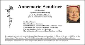 Traueranzeige Annemarie Sendtner