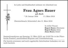 Traueranzeige Agmes Bauer