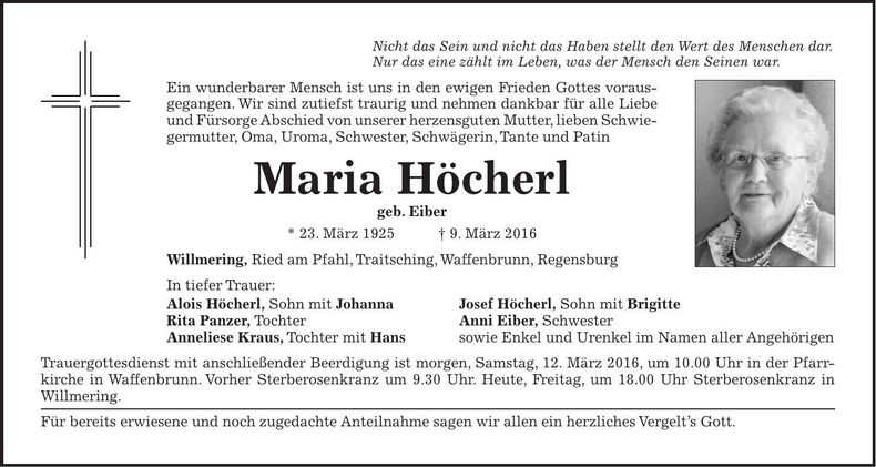Traueranzeige Maria Höcherl